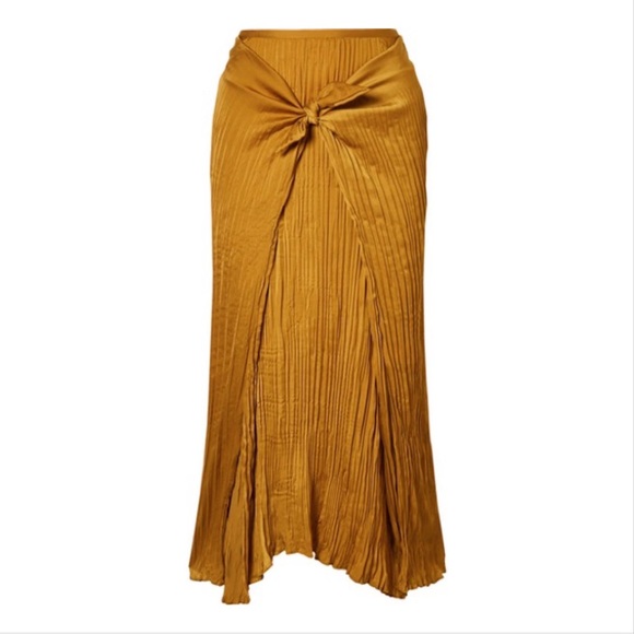 Vince pleated plisse midi skirt with tie front in gold